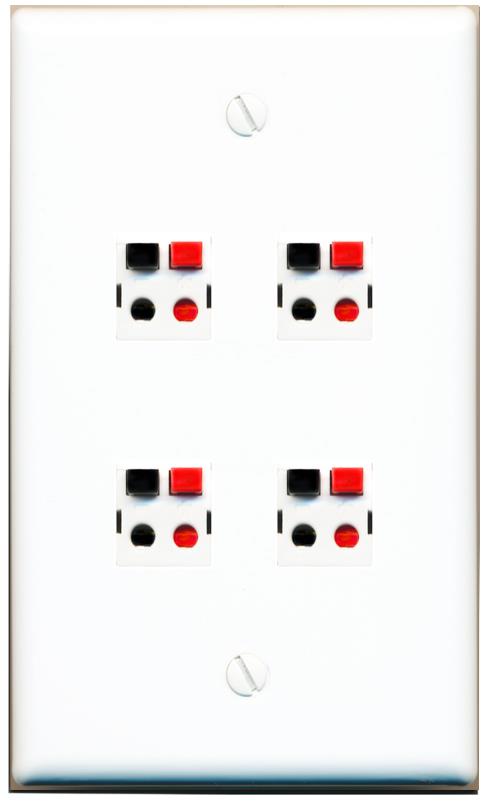 RiteAV 4 Port Speaker Wire Plug Jack Wall Plate - Flat [White]