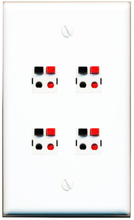 RiteAV 4 Port Speaker Wire Plug Jack Wall Plate - Flat [White]