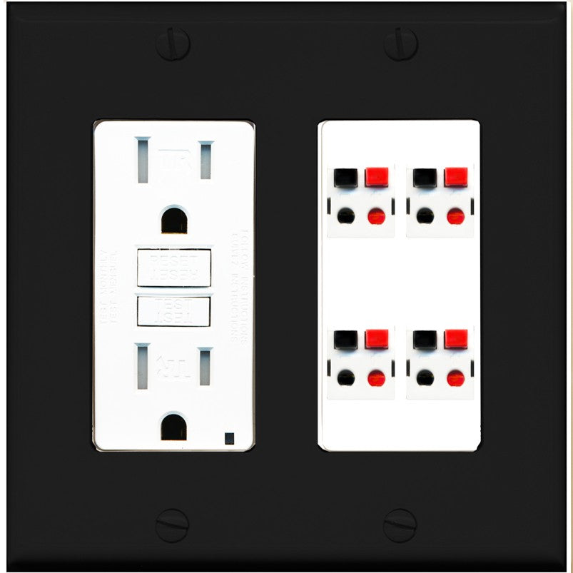 RiteAV 4 Port Speaker Wire Plug Jack Wall Plate - GFCI Outlet [Black/White]