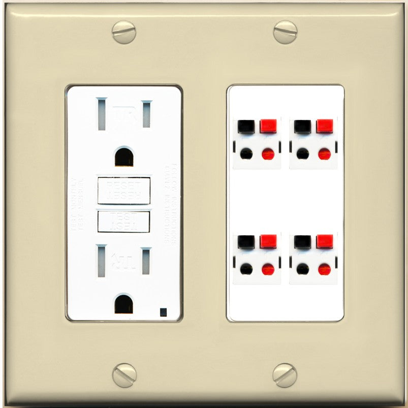 RiteAV 4 Port Speaker Wire Plug Jack Wall Plate - GFCI Outlet [Ivory/White]