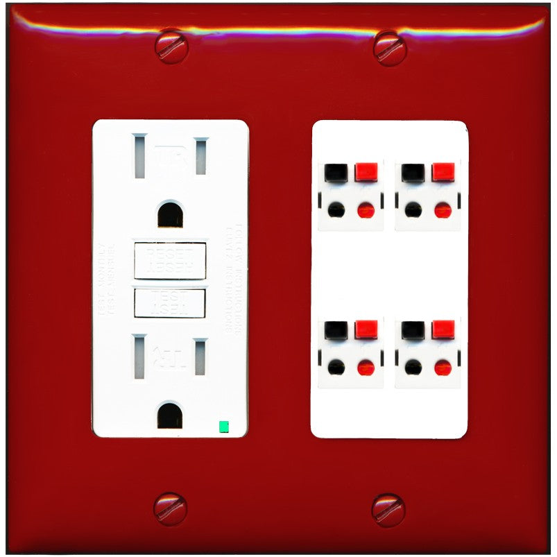 RiteAV 4 Port Speaker Wire Plug Jack Wall Plate - GFCI Outlet [Red/White]