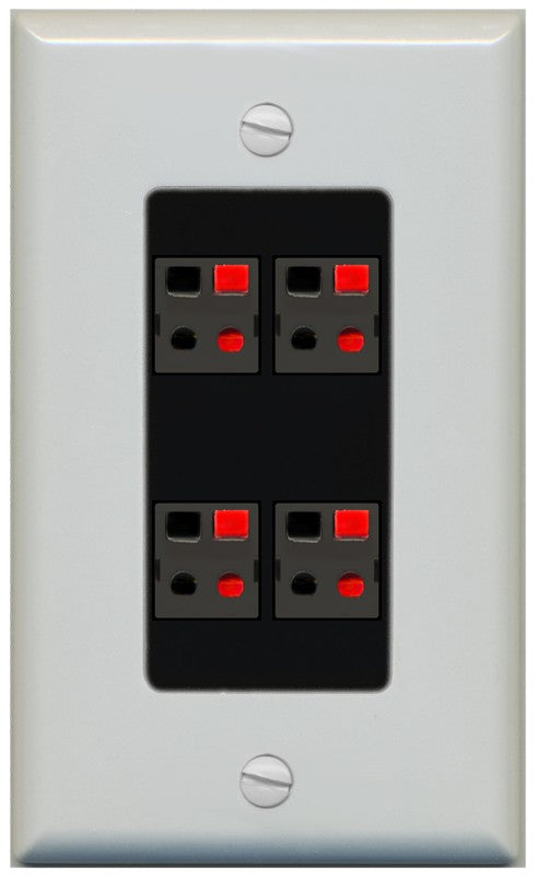 RiteAV 4 Port Speaker Wire Plug Jack Wall Plate - 1 Gang Decorative [Gray/Black]