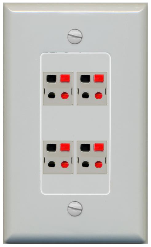 RiteAV 4 Port Speaker Wire Plug Jack Wall Plate - 1 Gang [Gray/Gray]