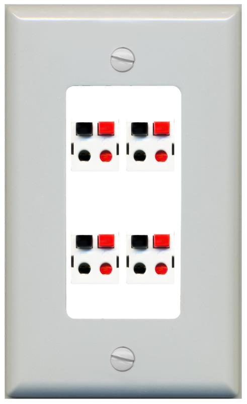 RiteAV 4 Port Speaker Wire Plug Jack Wall Plate - 1 Gang [Gray/White]