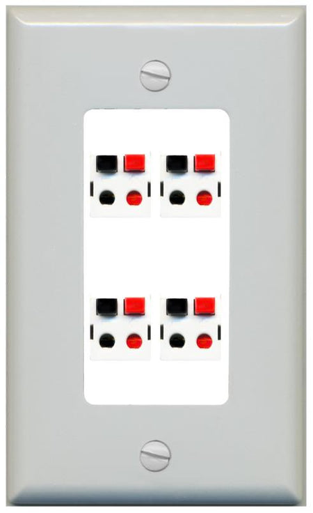 RiteAV 4 Port Speaker Wire Plug Jack Wall Plate - 1 Gang [Gray/White]