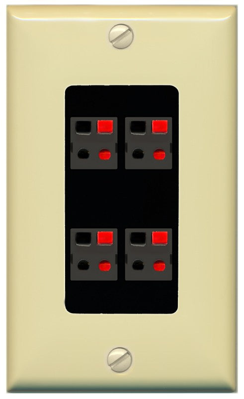 RiteAV 4 Port Speaker Wire Plug Jack Wall Plate - 1 Gang Decorative [Ivory/Black]