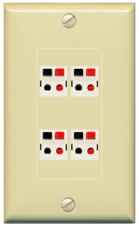 RiteAV 4 Port Speaker Wire Plug Jack Wall Plate - 1 Gang [Ivory/Ivory]