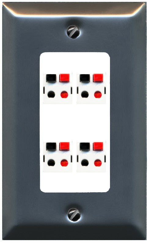 RiteAV 4 Port Speaker Wire Plug Jack Wall Plate - 1 Gang Decorative [Brushed-Nickel/White]