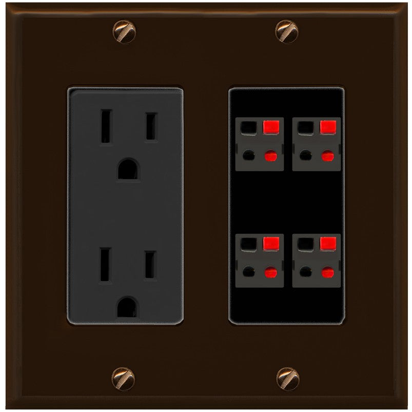 RiteAV 4 Port Speaker Wire Plug Jack Wall Plate - Outlet [Brown/Black]
