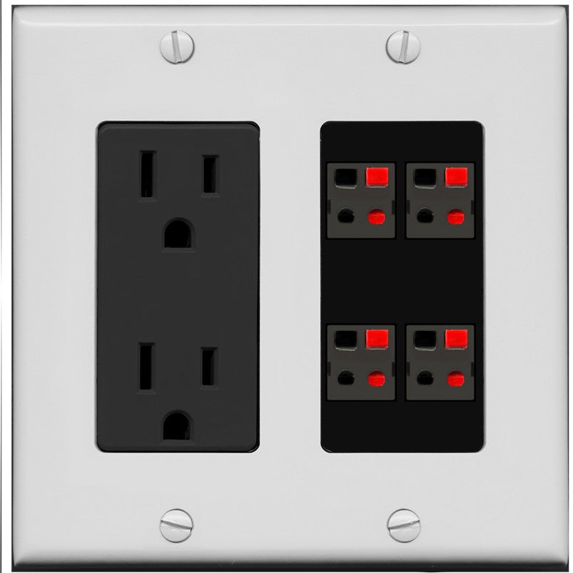 RiteAV 4 Port Speaker Wire Plug Jack Wall Plate - Outlet [Gray/Black]