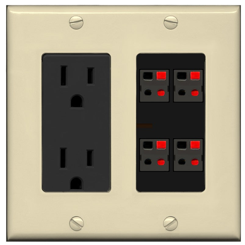 RiteAV 4 Port Speaker Wire Plug Jack Wall Plate - Outlet [Ivory/Black]