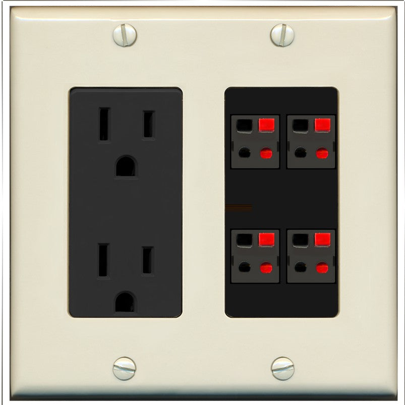 RiteAV 4 Port Speaker Wire Plug Jack Wall Plate - Outlet [Light-Almond/Black]