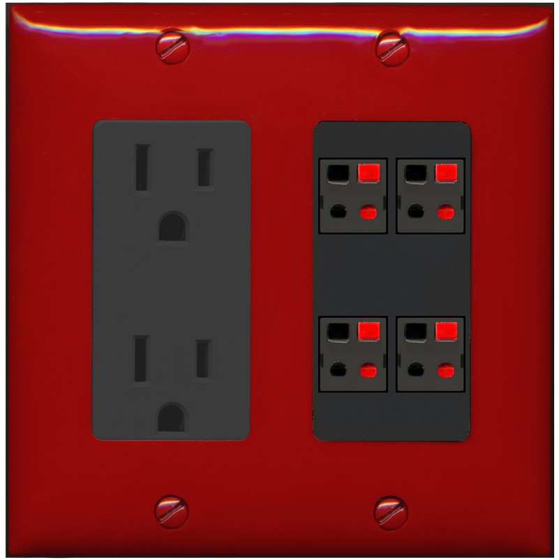 RiteAV 4 Port Speaker Wire Plug Jack Wall Plate - Outlet [Red/Black]