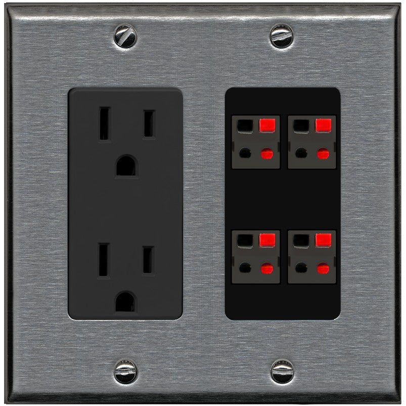 RiteAV 4 Port Speaker Wire Plug Jack Wall Plate - Outlet [Stainless/Black]