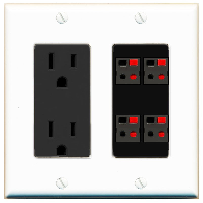 RiteAV 4 Port Speaker Wire Plug Jack Wall Plate - Outlet [White/Black]