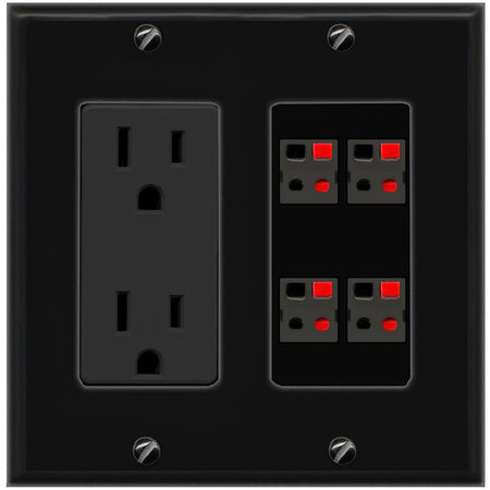 RiteAV 4 Port Speaker Wire Plug Jack Wall Plate - Outlet [Black/Black]