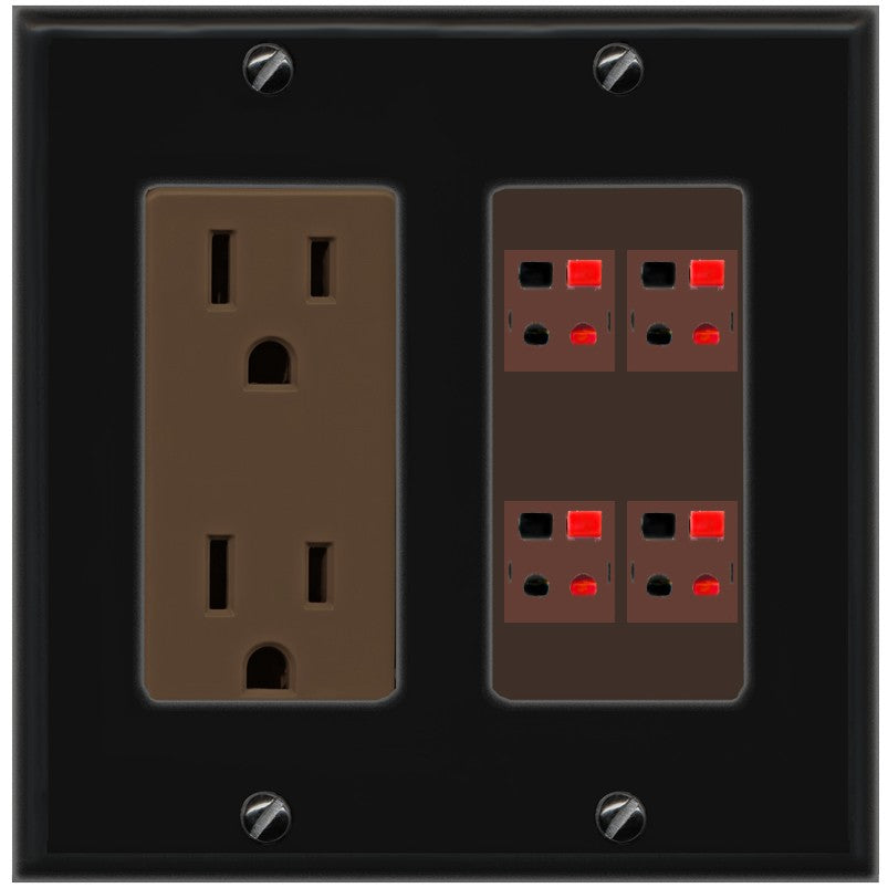 RiteAV 4 Port Speaker Wire Plug Jack Wall Plate - Outlet [Black/Brown]