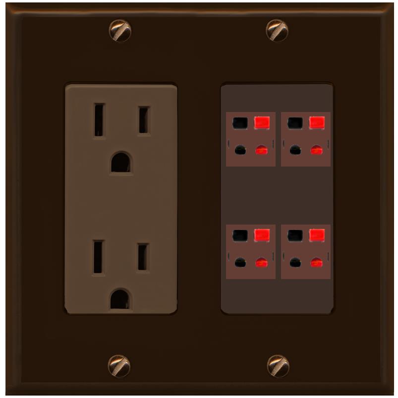 RiteAV 4 Port Speaker Wire Plug Jack Wall Plate - Outlet [Brown/Brown]