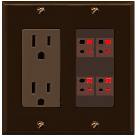 RiteAV 4 Port Speaker Wire Plug Jack Wall Plate - Outlet [Brown/Brown]