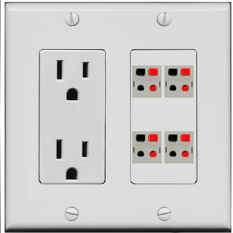 RiteAV 4 Port Speaker Wire Plug Jack Wall Plate - Outlet [Gray/Gray]