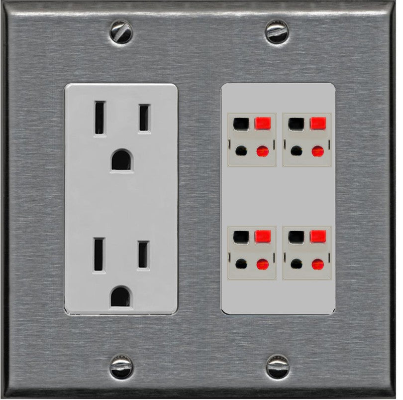 RiteAV 4 Port Speaker Wire Plug Jack Wall Plate - Outlet [Stainless/Gray]