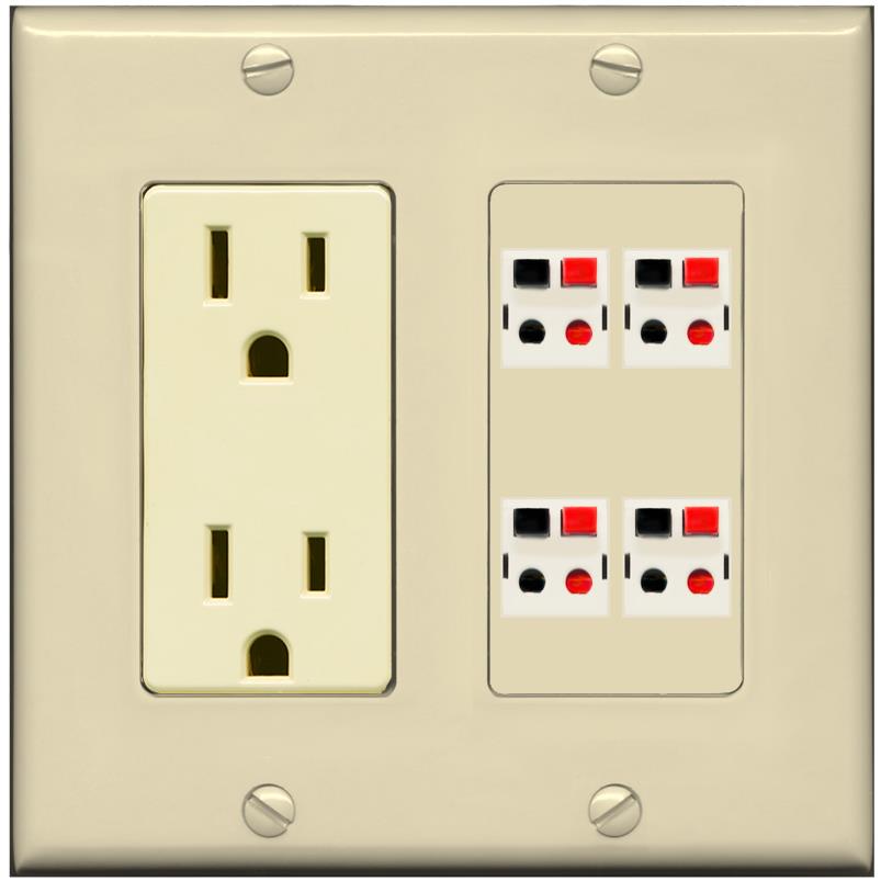 RiteAV 4 Port Speaker Wire Plug Jack Wall Plate - Outlet [Ivory/Ivory]