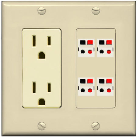 RiteAV 4 Port Speaker Wire Plug Jack Wall Plate - Outlet [Ivory/Ivory]