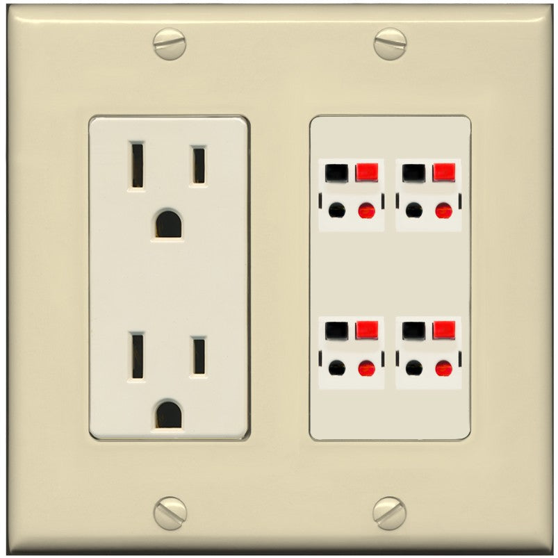 RiteAV 4 Port Speaker Wire Plug Jack Wall Plate - Outlet [Ivory/Light-Almond]