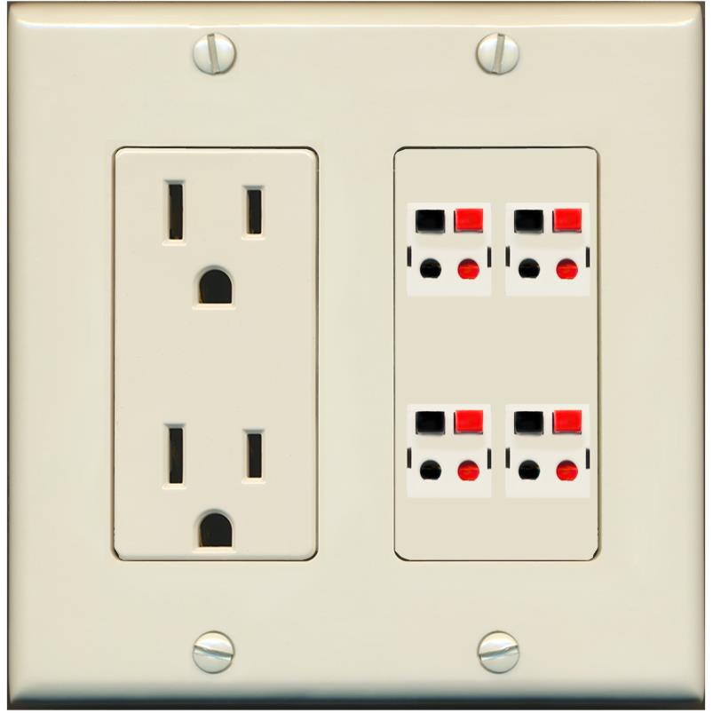 RiteAV 4 Port Speaker Wire Plug Jack Wall Plate - Outlet [Light-Almond]