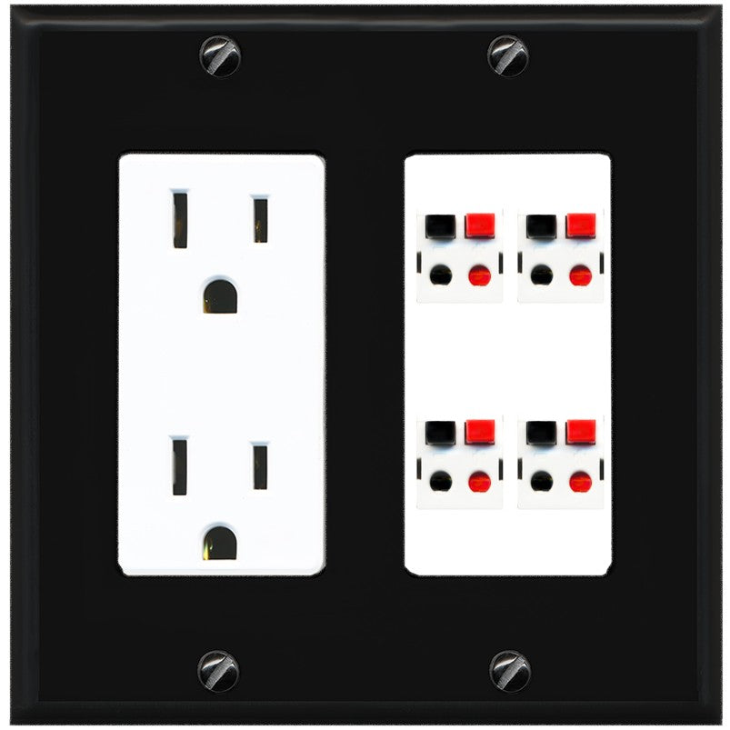 RiteAV 4 Port Speaker Wire Plug Jack Wall Plate - Outlet [Black/White]