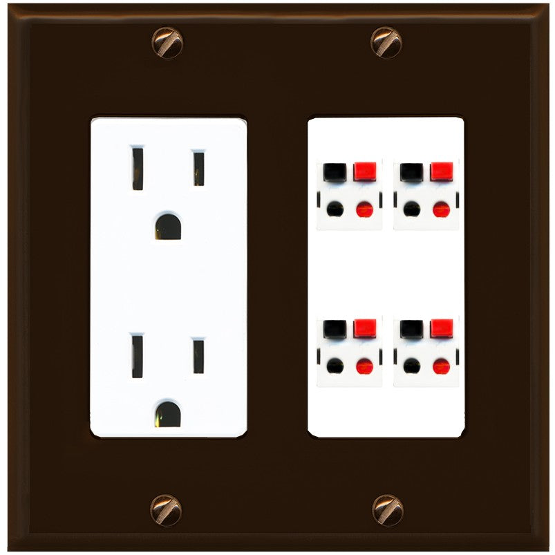 RiteAV 4 Port Speaker Wire Plug Jack Wall Plate - Outlet [Brown/White]