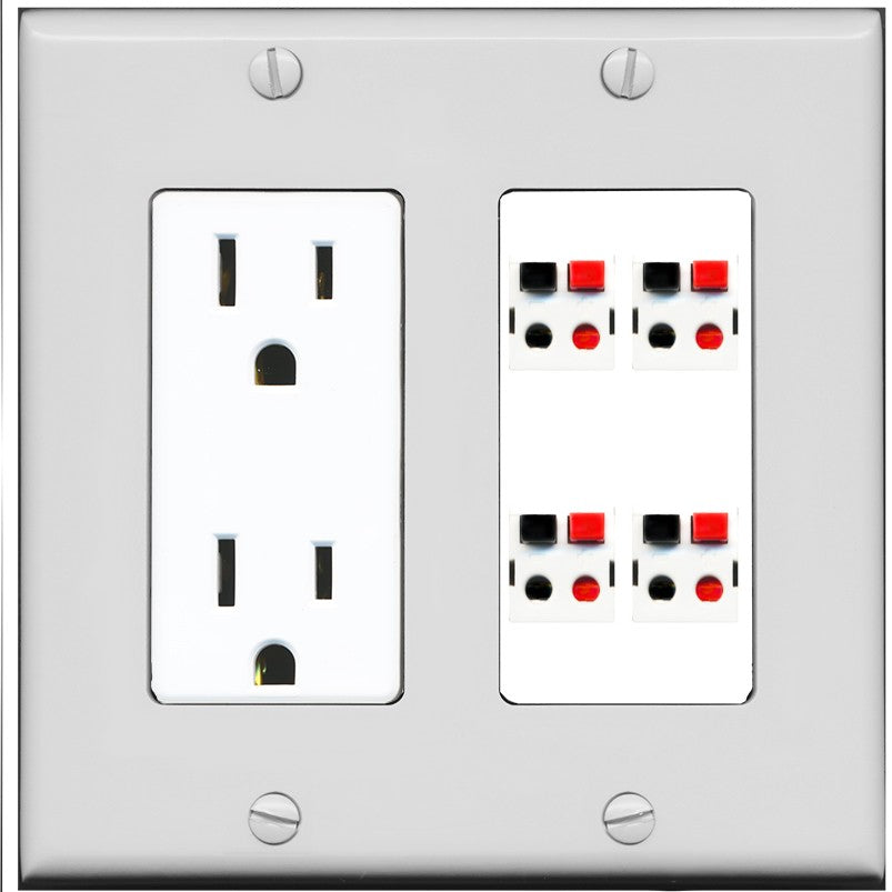 RiteAV 4 Port Speaker Wire Plug Jack Wall Plate - Outlet [Gray/White]