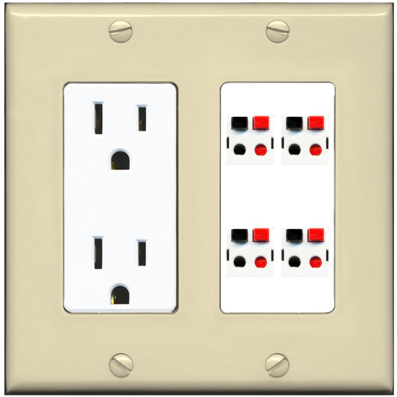 RiteAV 4 Port Speaker Wire Plug Jack Wall Plate - Outlet [Ivory/White]