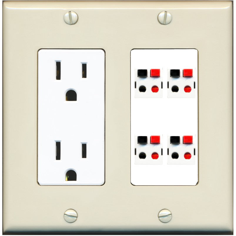 RiteAV 4 Port Speaker Wire Plug Jack Wall Plate - Outlet [Light-Almond/White]