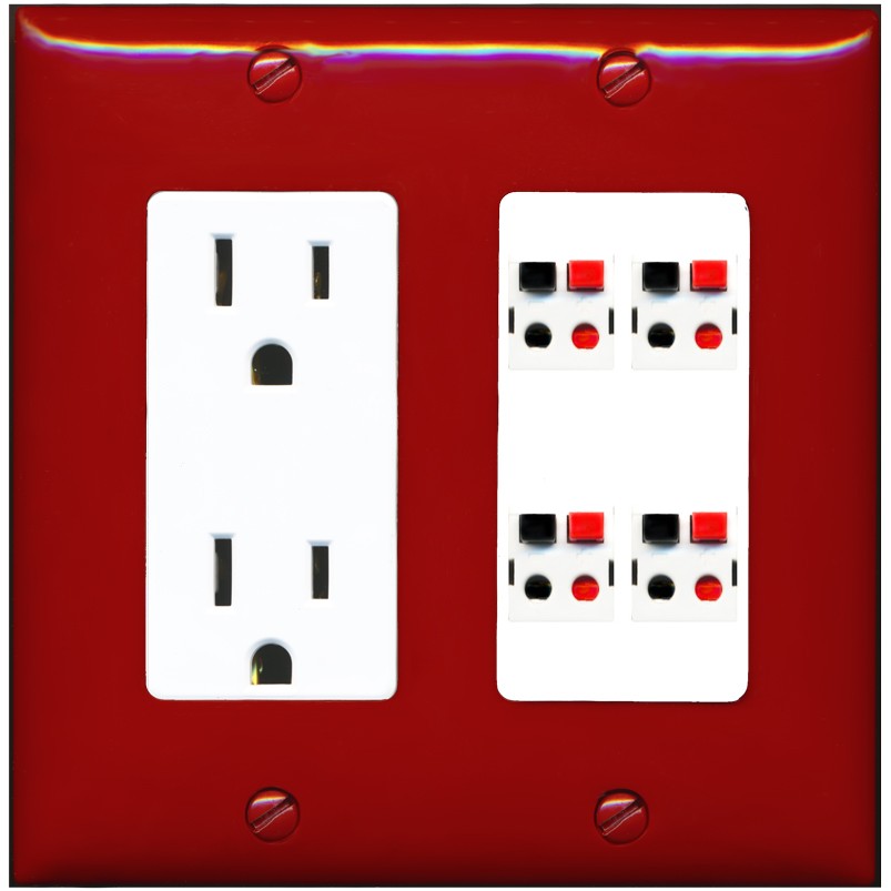 RiteAV 4 Port Speaker Wire Plug Jack Wall Plate - Outlet [Red/White]