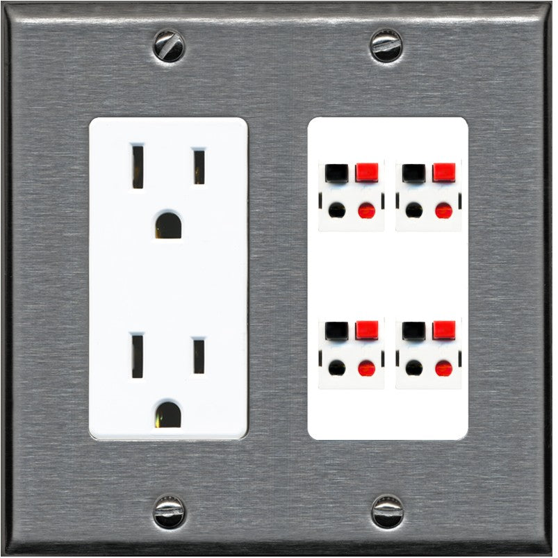 RiteAV 4 Port Speaker Wire Plug Jack Wall Plate - Outlet [Stainless/White]