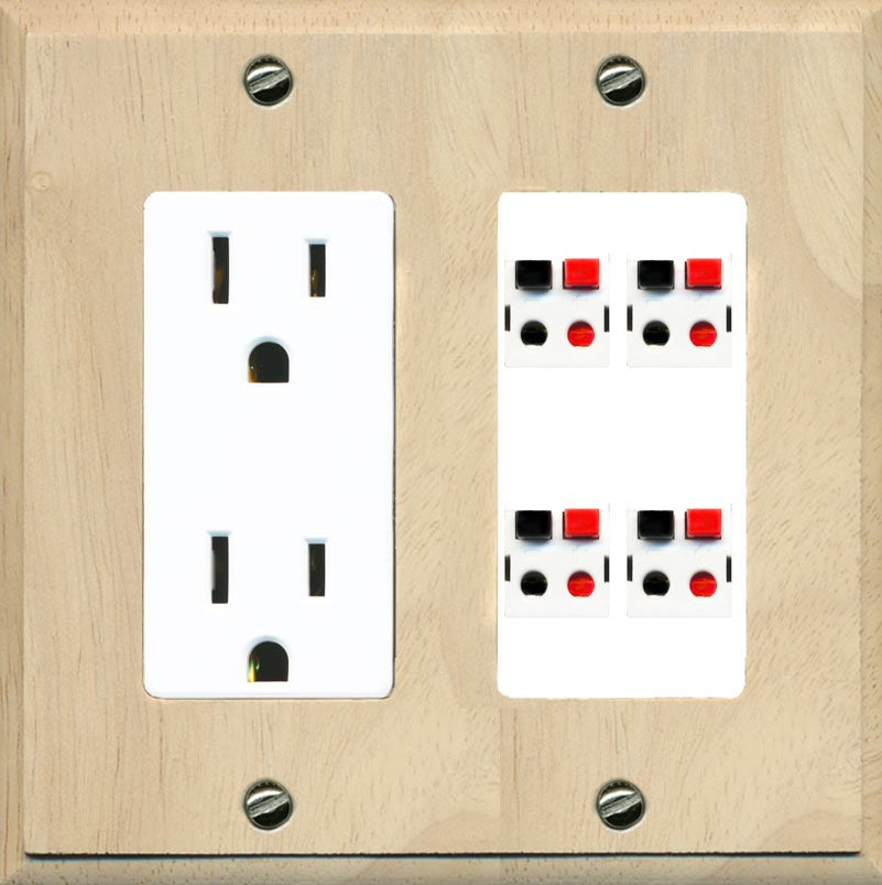 RiteAV 4 Port Speaker Wire Plug Jack Wall Plate - Outlet [Wood/White]