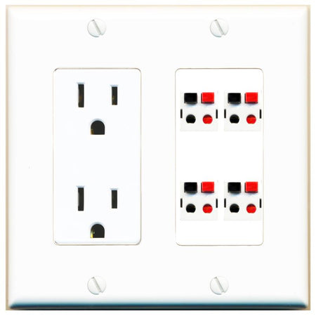 RiteAV 4 Port Speaker Wire Plug Jack Wall Plate - Outlet [White]