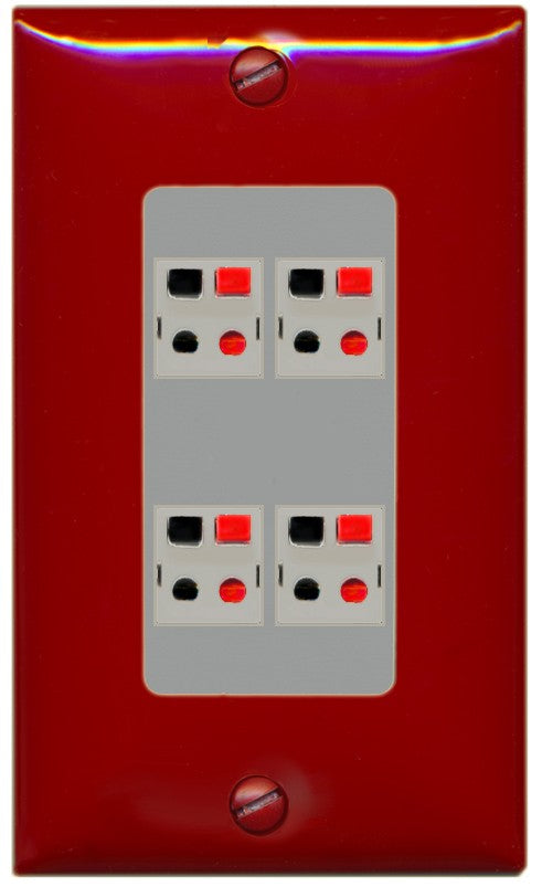 RiteAV 4 Port Speaker Wire Plug Jack Wall Plate - 1 Gang Decorative [Red/Gray]