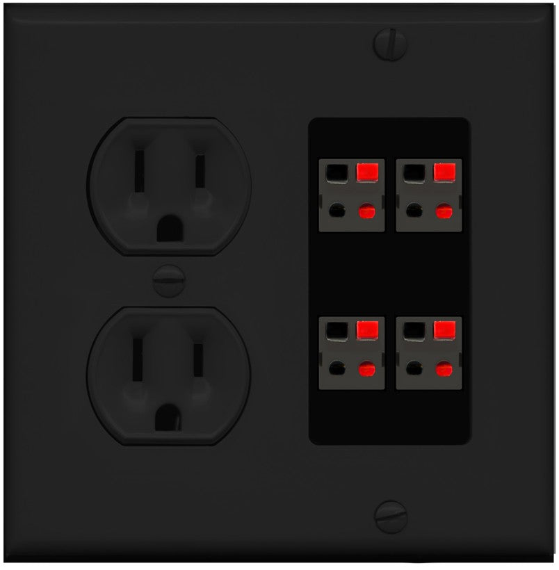 RiteAV 4 Port Speaker Wire Plug Jack Wall Plate - Round Outlet [Black/Black]