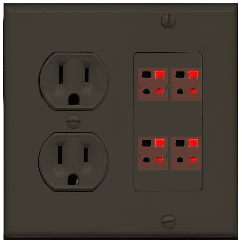 RiteAV 4 Port Speaker Wire Plug Jack Wall Plate - Round Outlet [Brown/Brown]