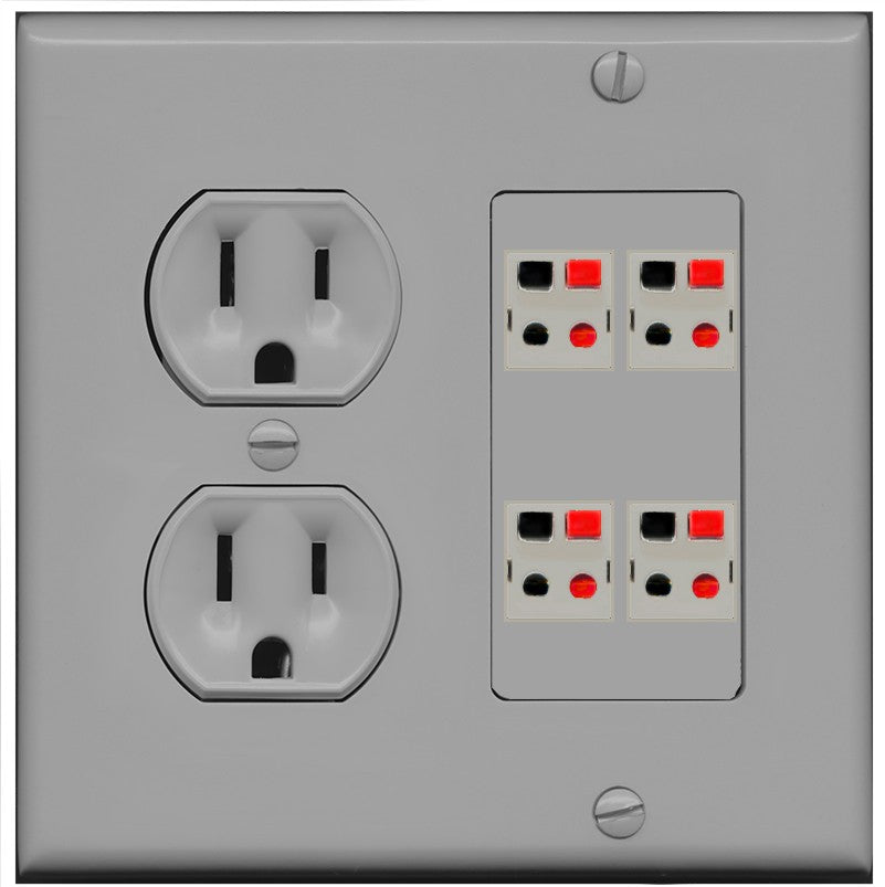 RiteAV 4 Port Speaker Wire Plug Jack Wall Plate - Round Outlet [Gray/Gray]