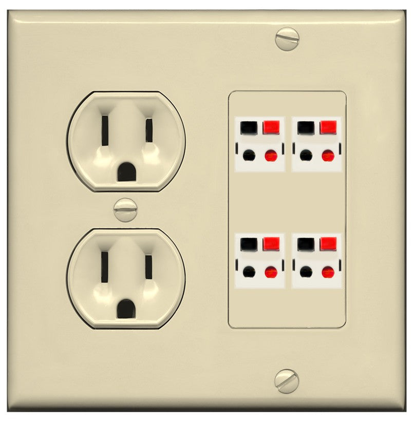 RiteAV 4 Port Speaker Wire Plug Jack Wall Plate - Round Outlet [Ivory/Ivory]