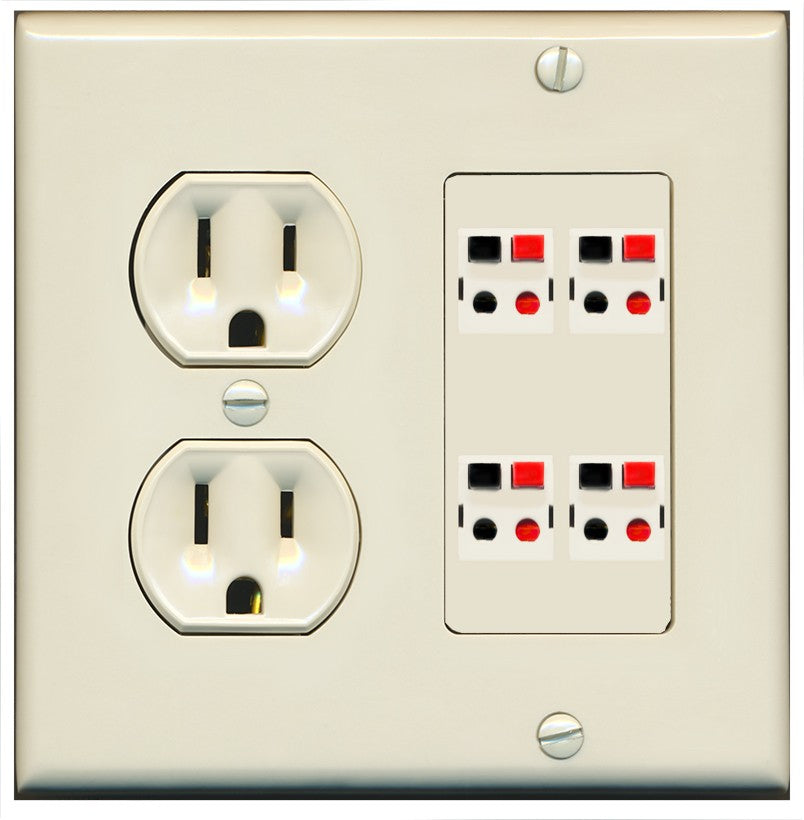 RiteAV 4 Port Speaker Wire Plug Jack Wall Plate - Round Outlet [Light-Almond]