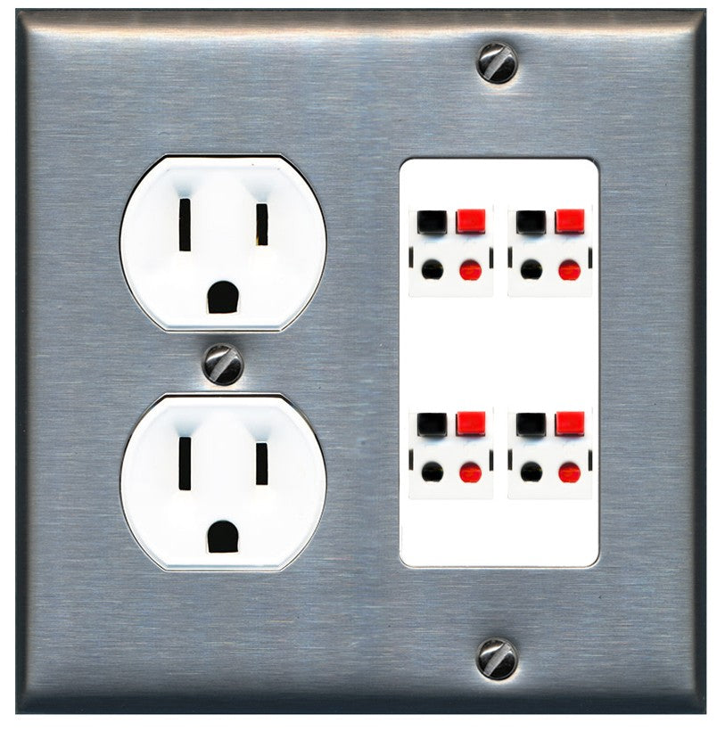 RiteAV 4 Port Speaker Wire Plug Jack Wall Plate - Round Outlet [Stainless/White]
