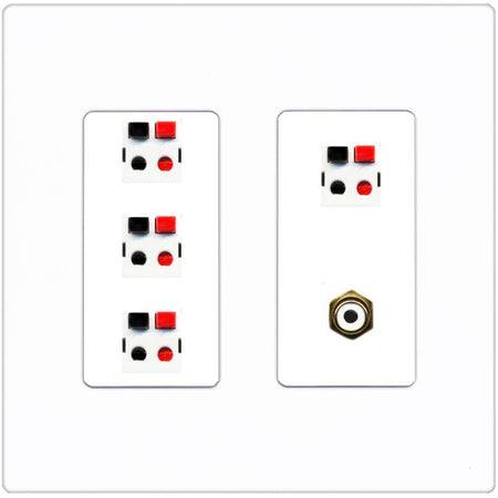 RiteAV 4 Port Speaker Wire Plug Jack Wall Plate with RCA for Subwoofer - 2 Gang [Screwless White]