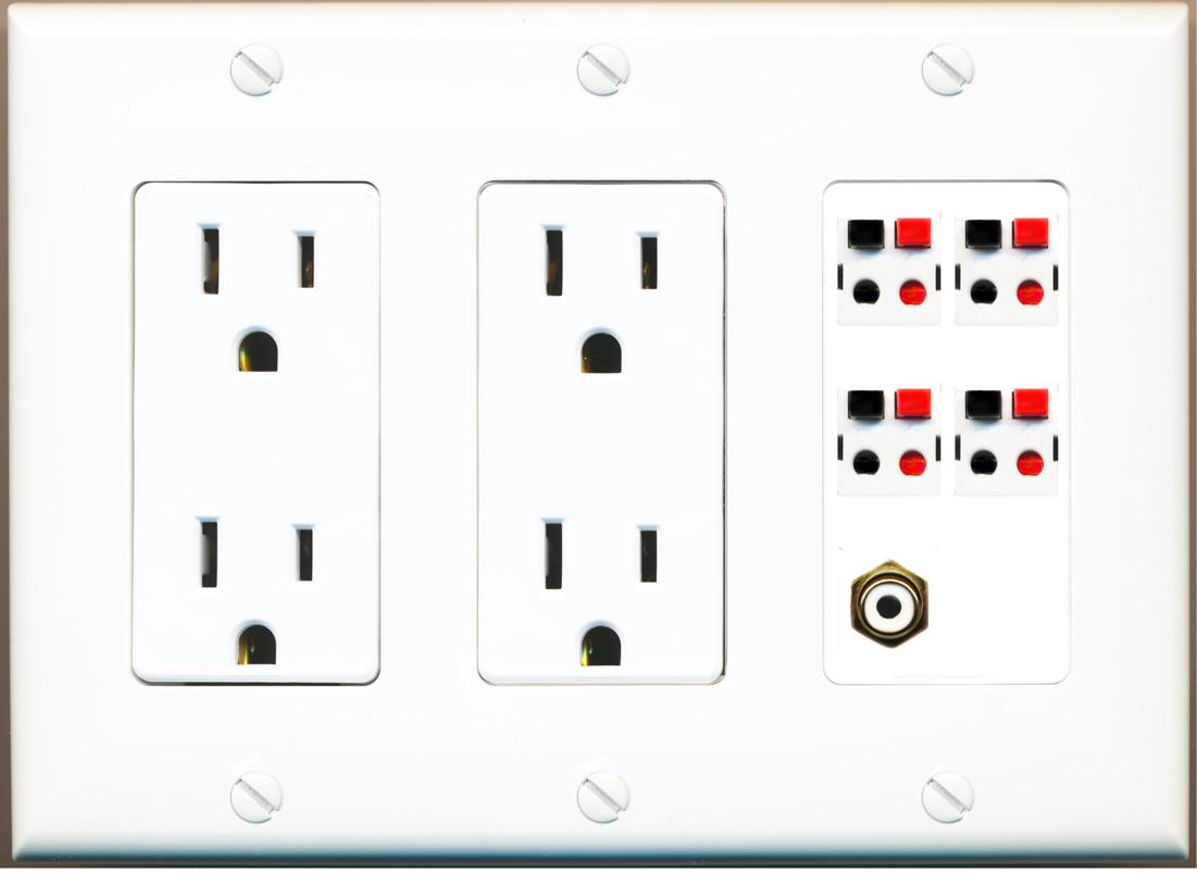 RiteAV 4 Port Speaker Wire Plug Jack Wall Plate with RCA for Subwoofer - 2 Outlet [White]