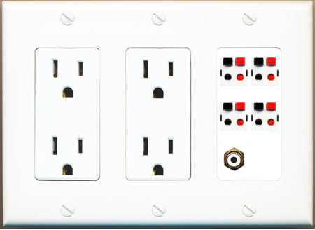 RiteAV 4 Port Speaker Wire Plug Jack Wall Plate with RCA for Subwoofer - 2 Outlet [White]