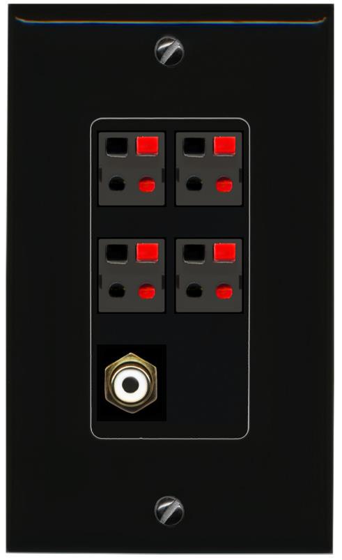RiteAV 4 Port Speaker Wire Plug Jack Wall Plate with RCA for Subwoofer - 1 Gang [Black/Black]