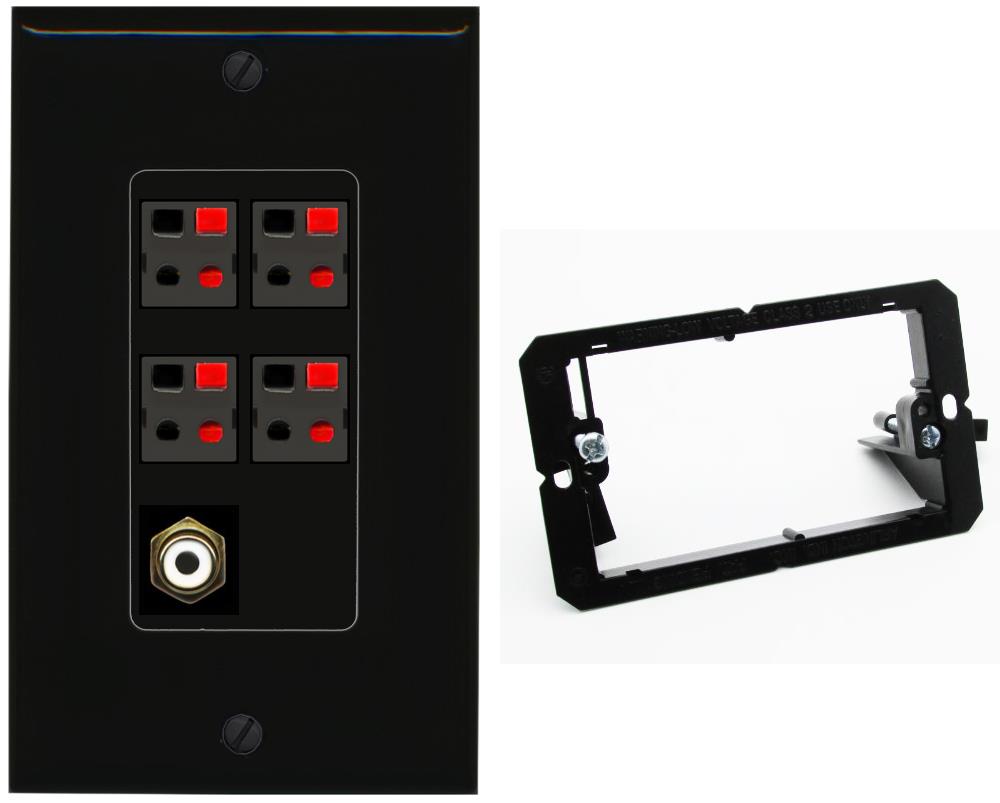 RiteAV 4 Port Speaker Wire Plug Jack Wall Plate with RCA for Subwoofer - Bracket [Black/Black]